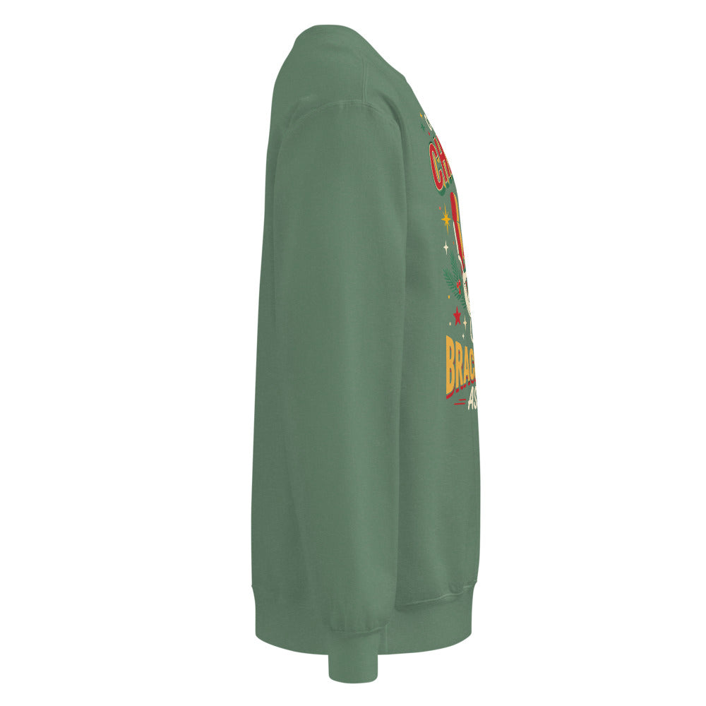 Christmas Countdown: Brace Position sweatshirt in Light Green, right side view of the printed design