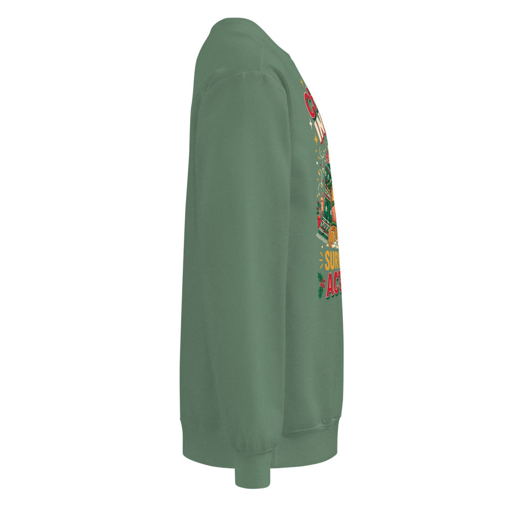 Christmas Incoming: Survival Plan Activated sweatshirt in Light Green, right side view of the printed design