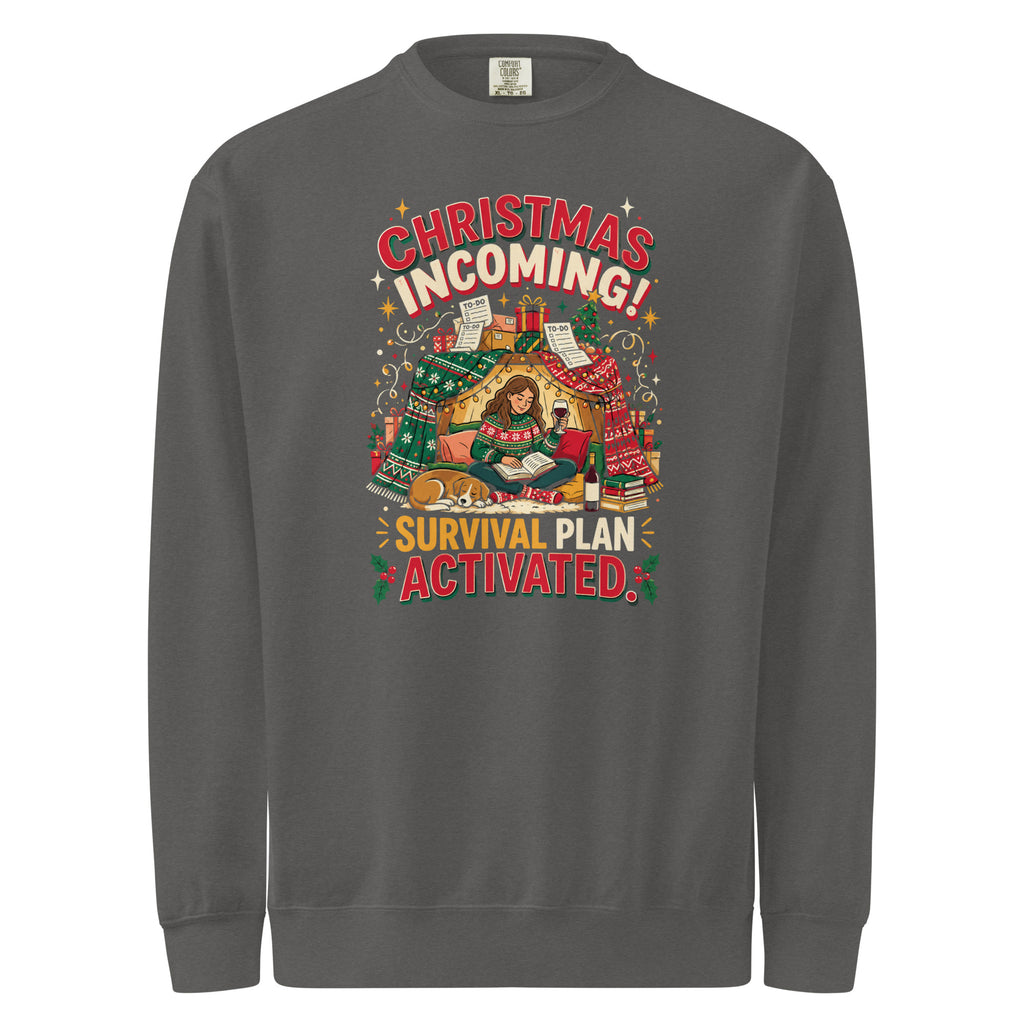 Christmas Incoming: Survival Plan Activated sweatshirt in Pepper, front view of the printed design