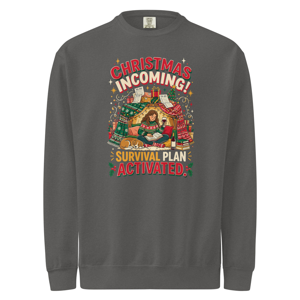 Christmas Incoming: Survival Plan Activated sweatshirt in Pepper, front view of the printed design