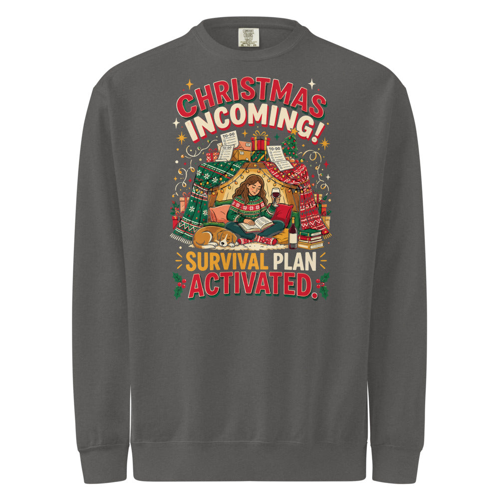 Christmas Incoming: Survival Plan Activated sweatshirt in Pepper, front view of the printed design