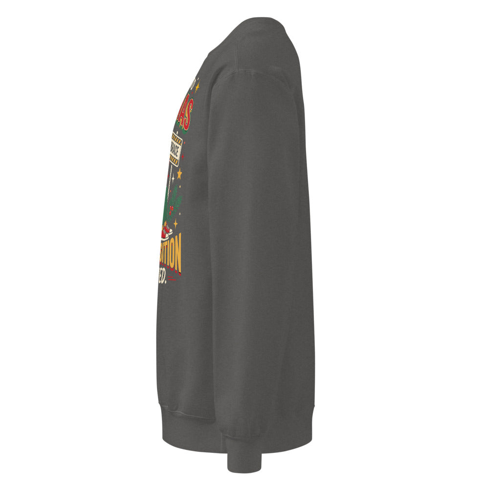 Christmas Countdown: Brace Position sweatshirt in Pepper, left side view of the printed design