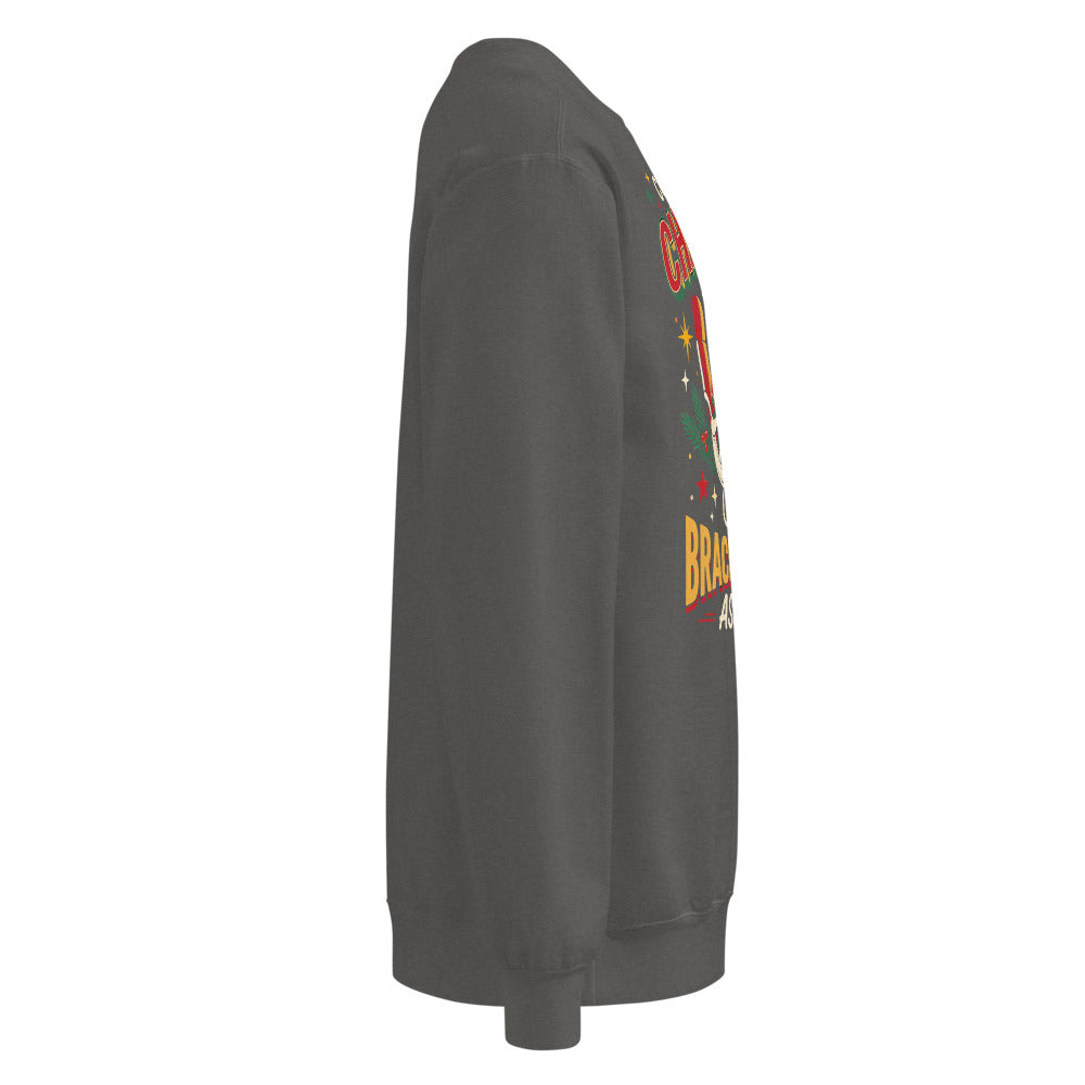 Christmas Countdown: Brace Position sweatshirt in Pepper, right side view of the printed design