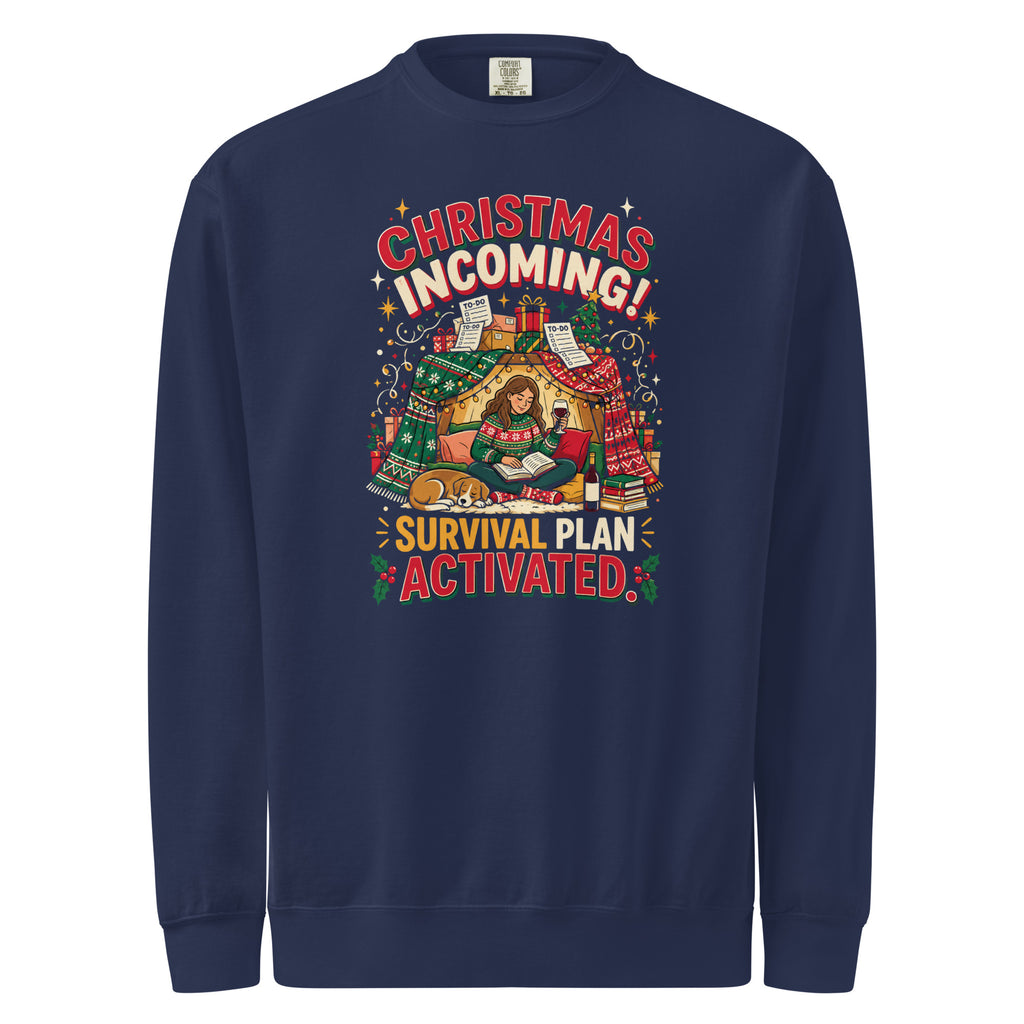 Christmas Incoming: Survival Plan Activated sweatshirt in True Navy, front view of the printed design