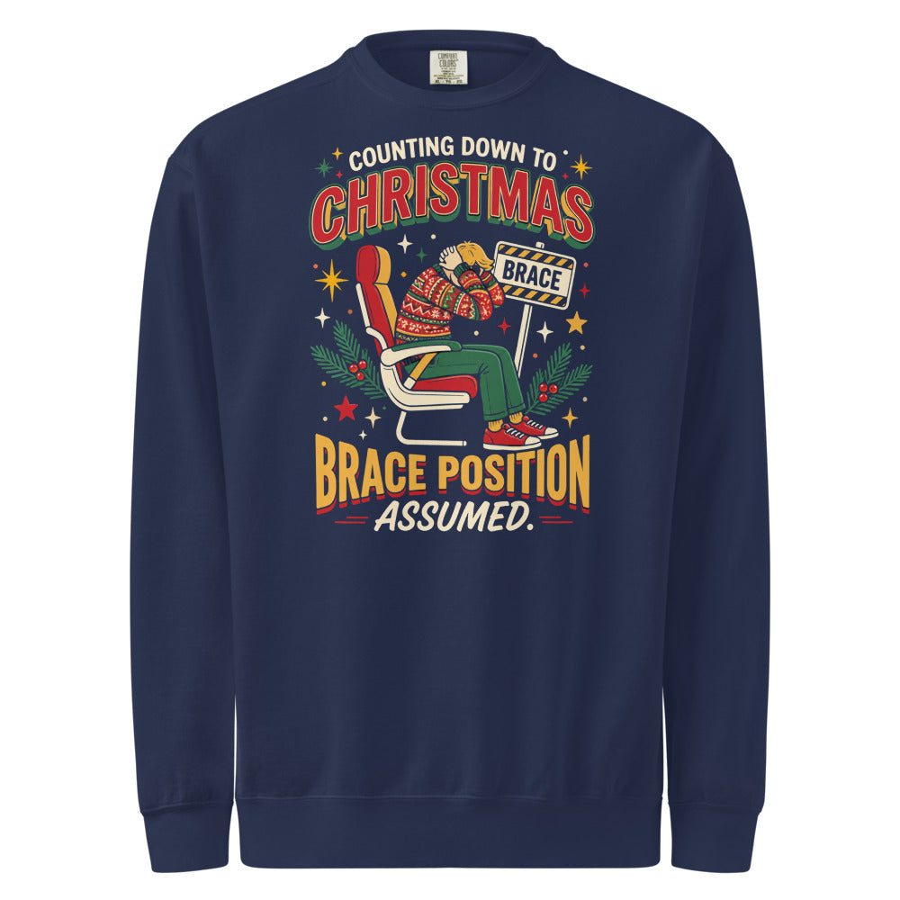 Christmas Countdown: Brace Position sweatshirt in True Navy, front view of the printed design