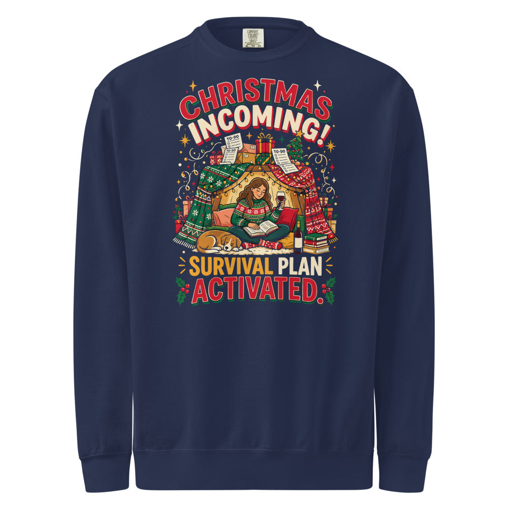 Christmas Incoming: Survival Plan Activated sweatshirt in True Navy, front view of the printed design