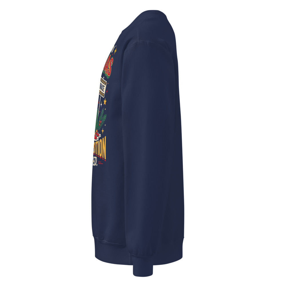 Christmas Countdown: Brace Position sweatshirt in True Navy, left side view of the printed design
