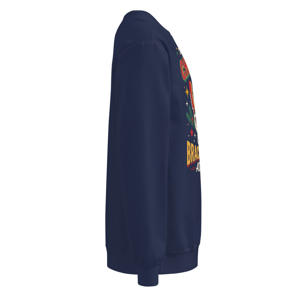 Christmas Countdown: Brace Position sweatshirt in True Navy, right side view of the printed design