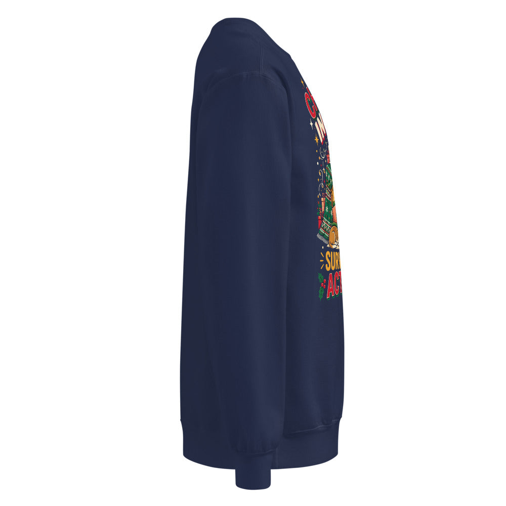 Christmas Incoming: Survival Plan Activated sweatshirt in True Navy, right side view of the printed design