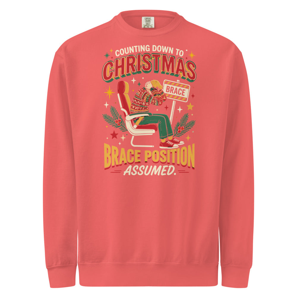 Christmas Countdown: Brace Position sweatshirt in Watermelon, front view of the printed design