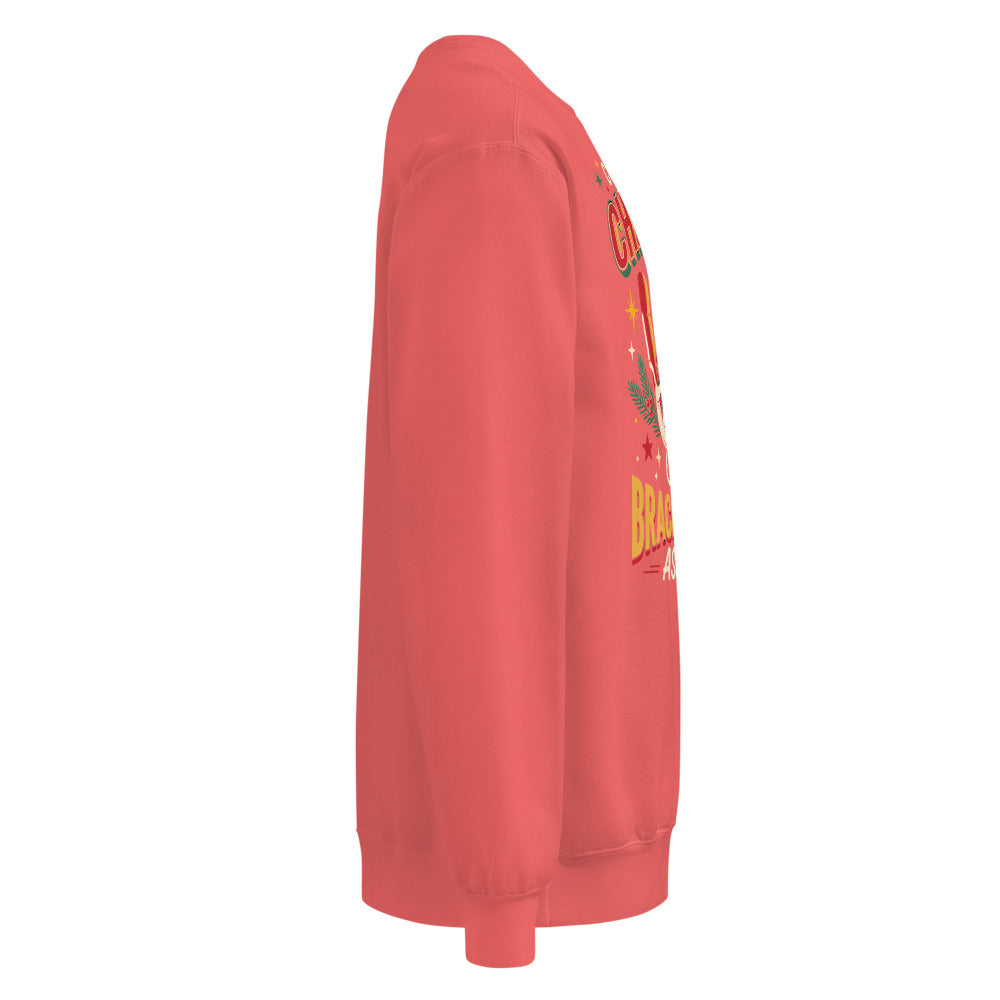Christmas Countdown: Brace Position sweatshirt in Watermelon, right side view of the printed design