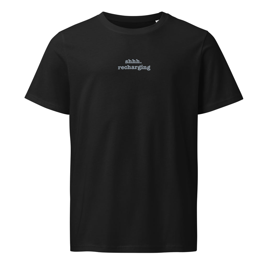 Shhh. Recharging | Unisex Organic Mid-Light T-Shirt | Sass & Spoons unisex-organic-mid-light-crafter-t-shirt-black-front-69f4e735d9f39 T-Shirt
