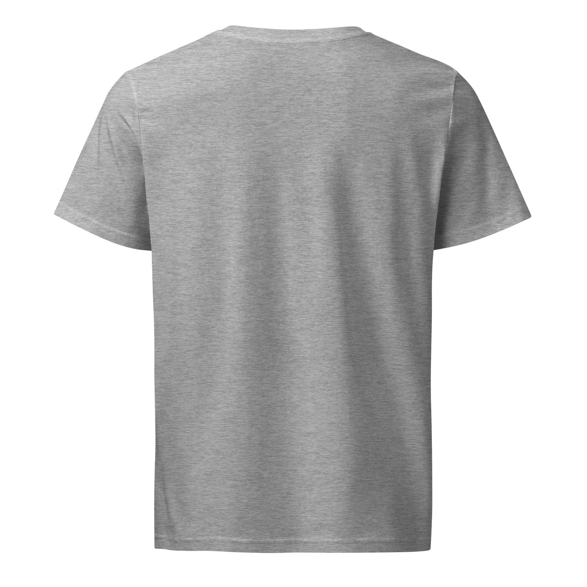 Back of the heather grey organic cotton Arm Brains tee, plain