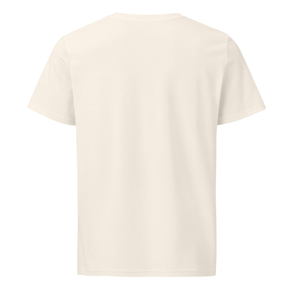 Back of the white organic cotton Arm Brains tee, plain