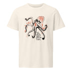 Ink-drawn octopus with the words My arm brains aren't working today, printed on a white organic cotton tee