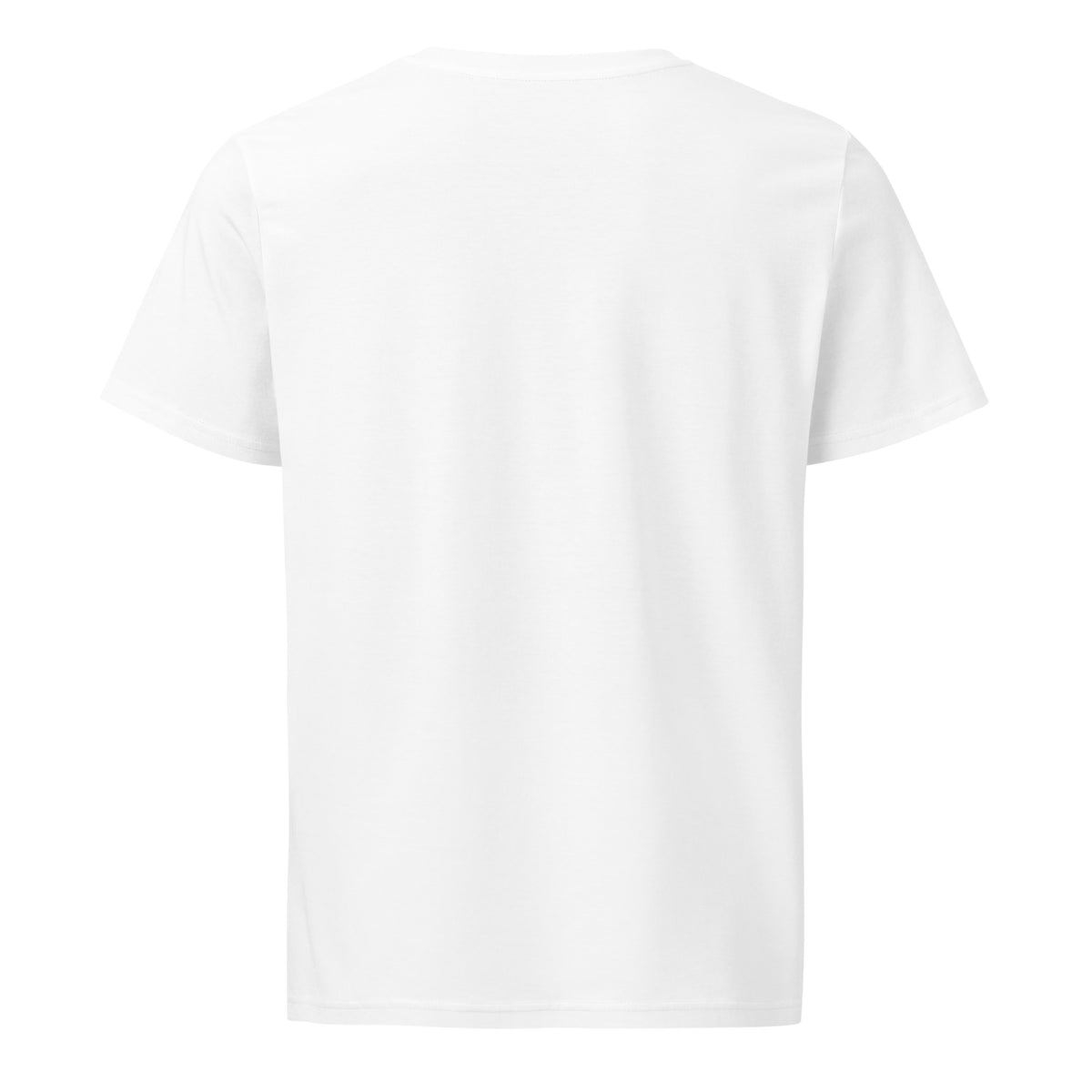 Back of the white organic cotton Arm Brains tee, plain