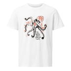 Ink-drawn octopus with the words My arm brains aren't working today, printed on a white organic cotton tee