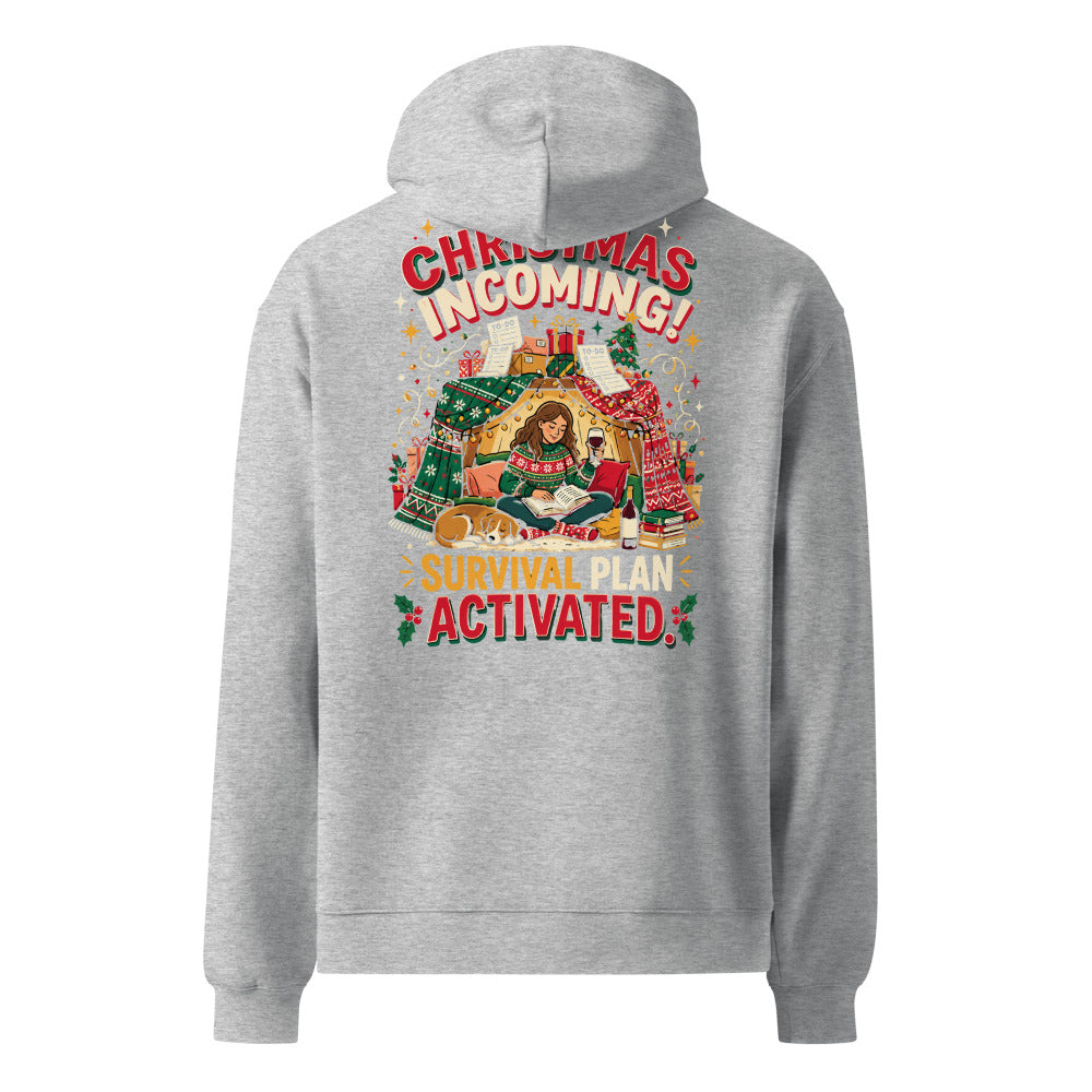 Christmas Incoming! oversized hoodie in Athletic Heather, back view, full-size back print