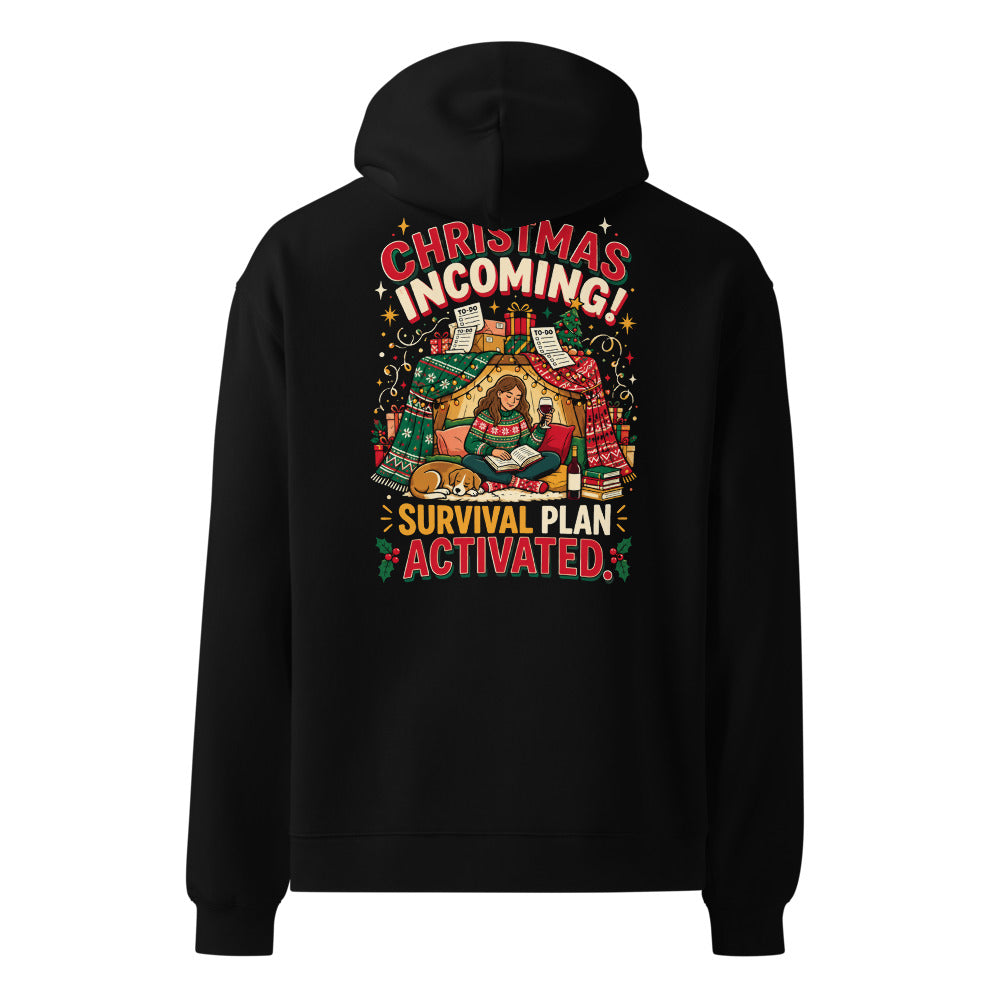 Christmas Incoming! oversized hoodie in Black, back view of the printed design