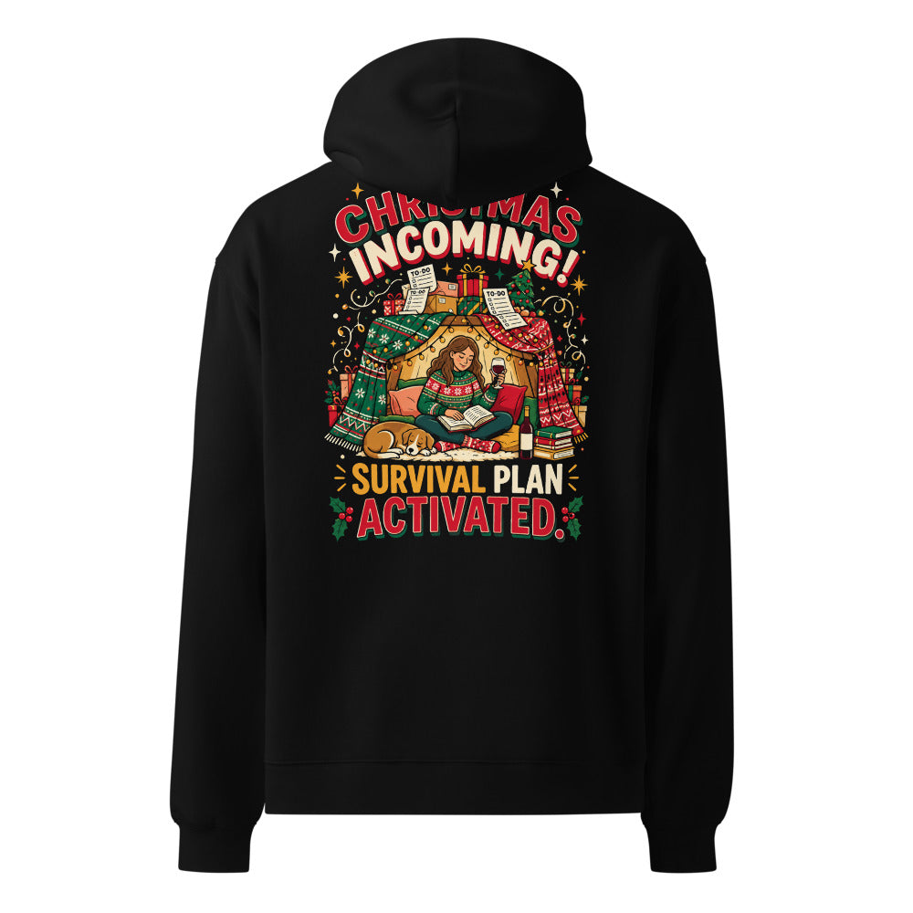 Christmas Incoming! oversized hoodie in Black, back view, full-size back print
