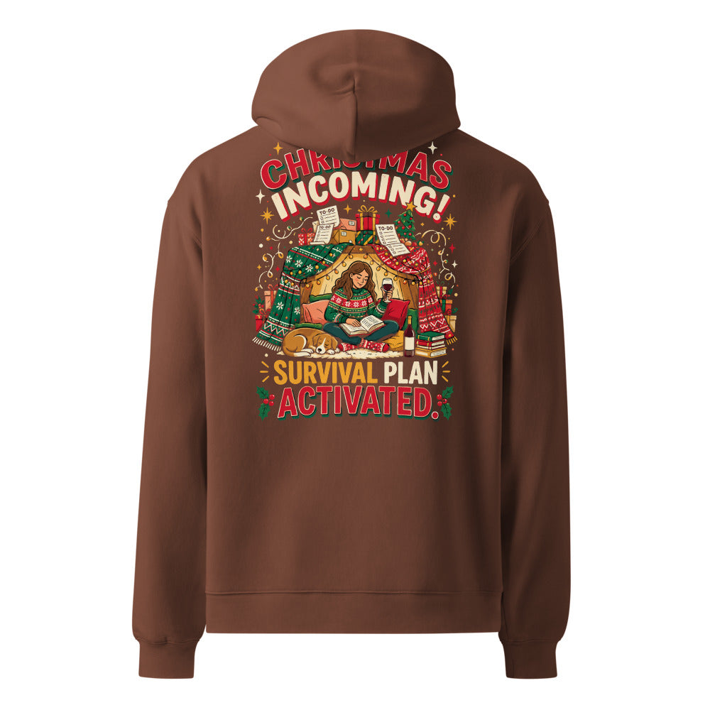 Christmas Incoming! oversized hoodie in Chestnut, back view, full-size back print