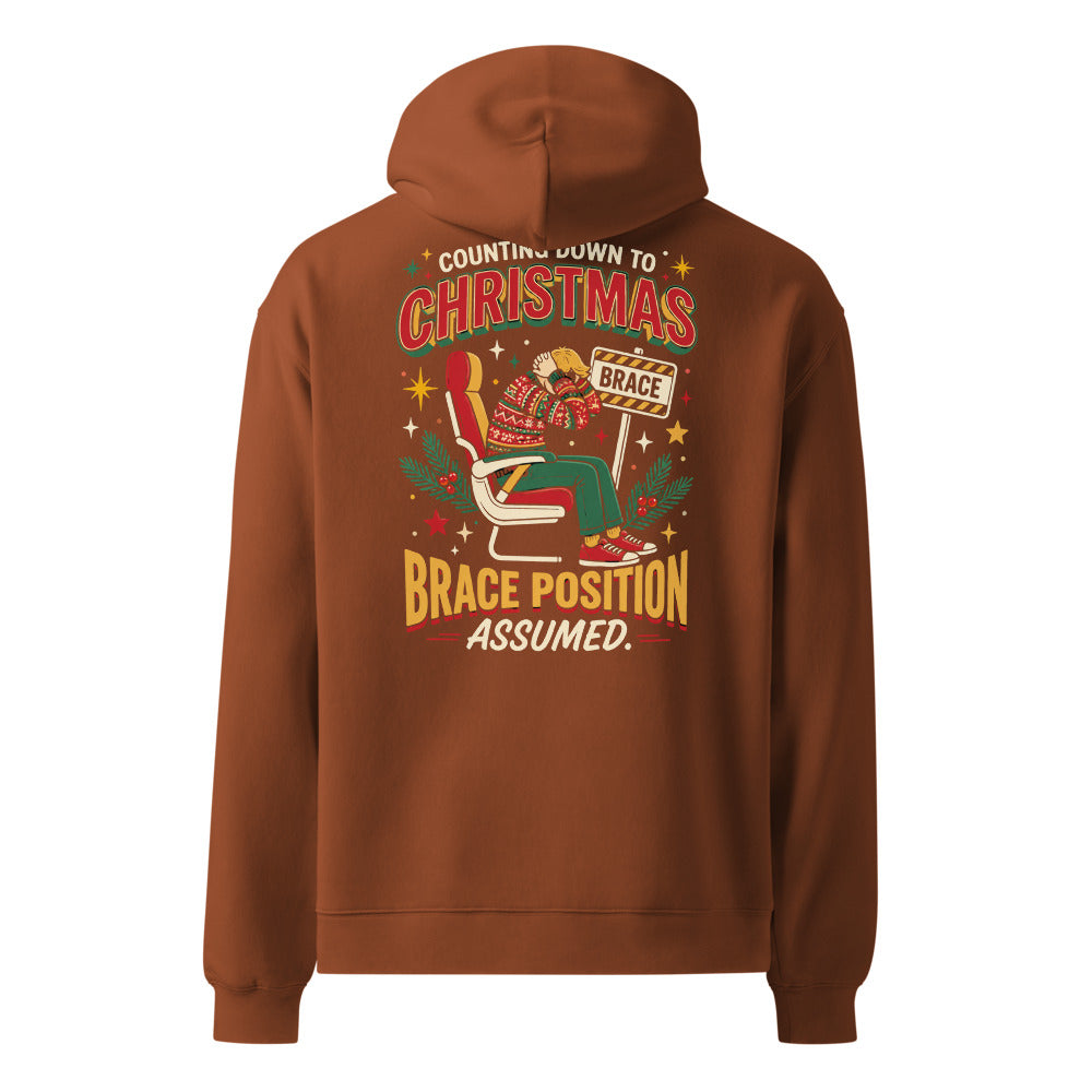 Brace for Christmas! oversized hoodie in Clay, back view, large back print