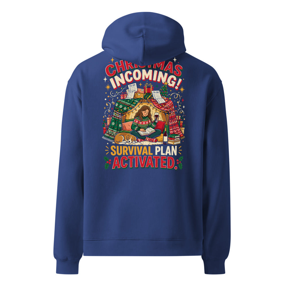 Christmas Incoming! oversized hoodie in Cobalt, back view, full-size back print