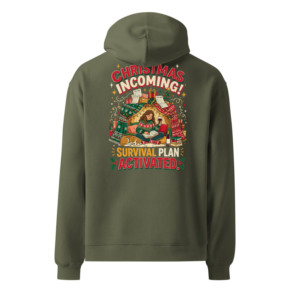 Christmas Incoming! oversized hoodie in Cypress, back view of the printed design