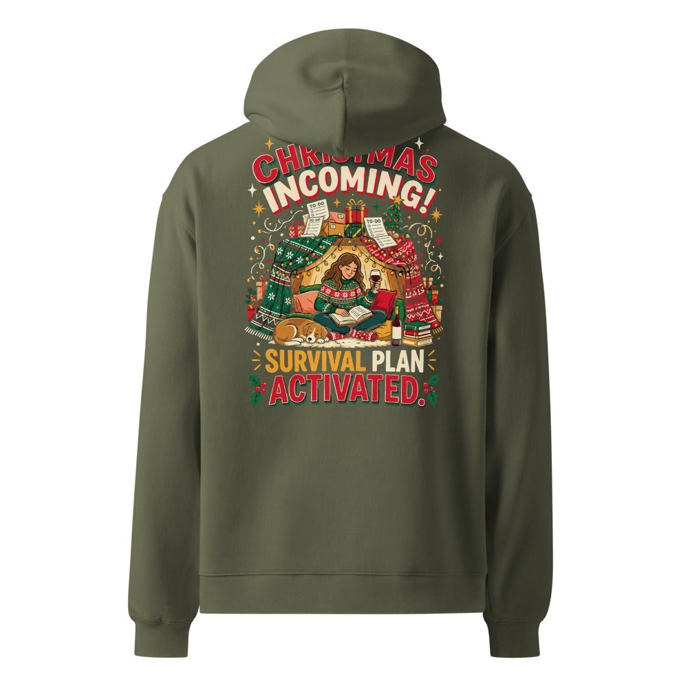 Christmas Incoming! oversized hoodie in Cypress, back view, full-size back print
