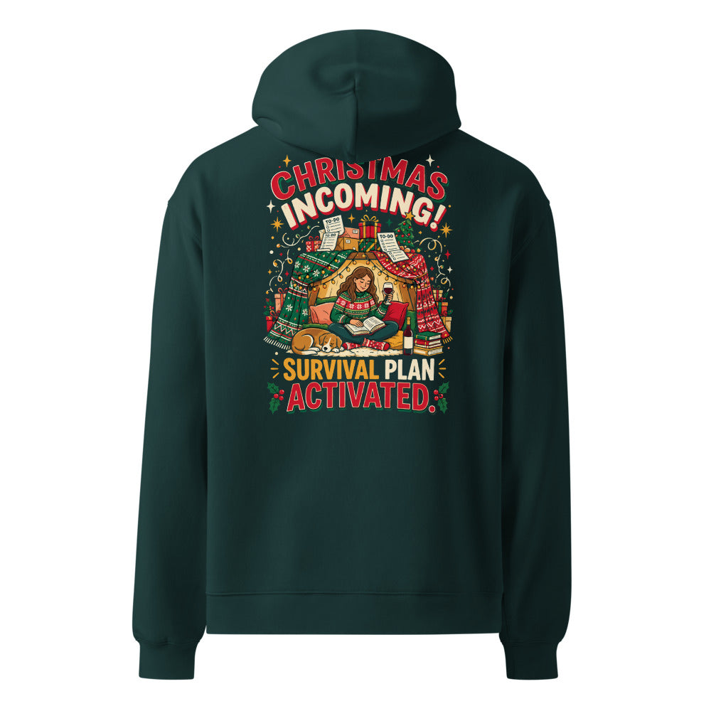 Christmas Incoming! oversized hoodie in Pine Green, back view of the printed design
