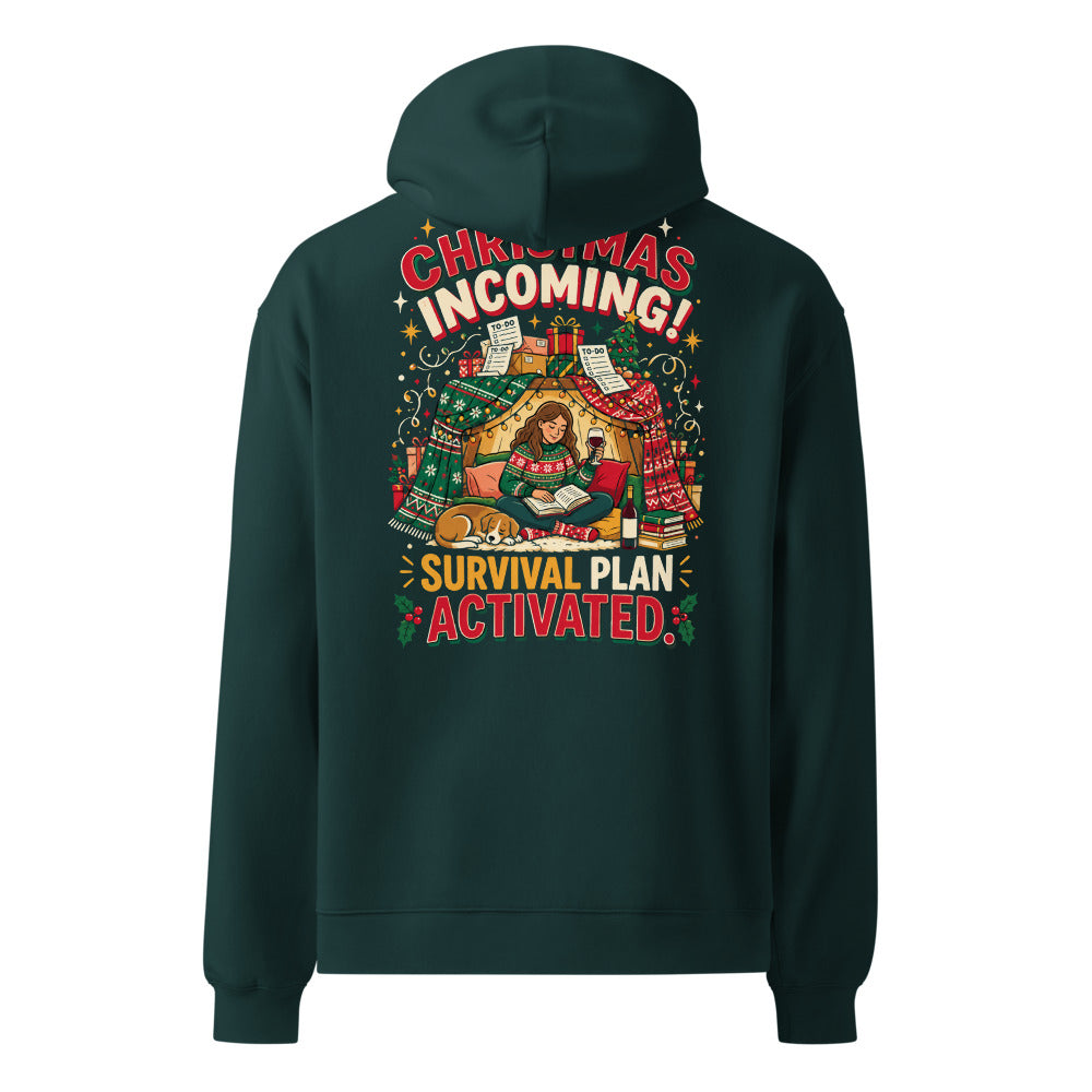 Christmas Incoming! oversized hoodie in Pine Green, back view, full-size back print