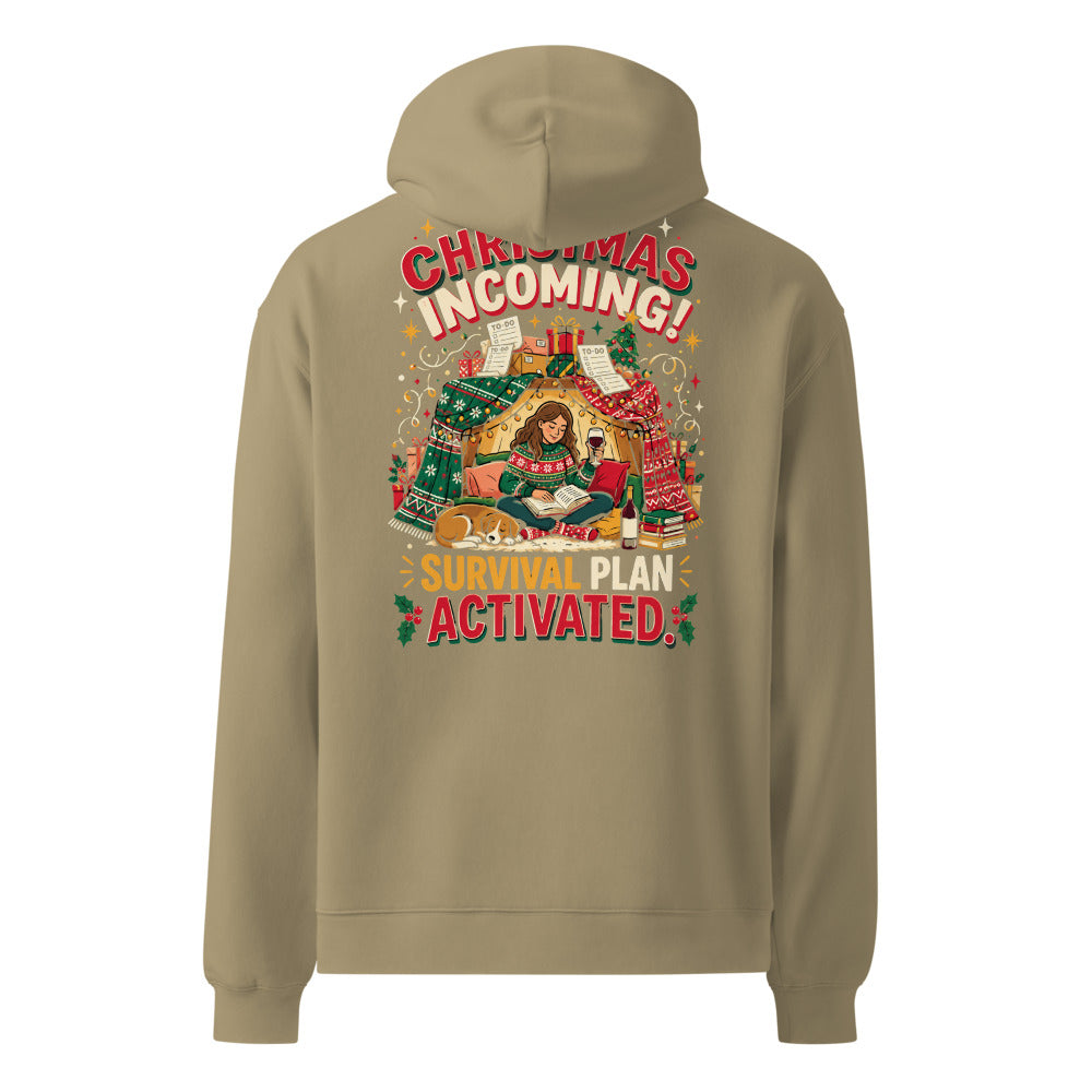Christmas Incoming! oversized hoodie in Sand, back view, full-size back print