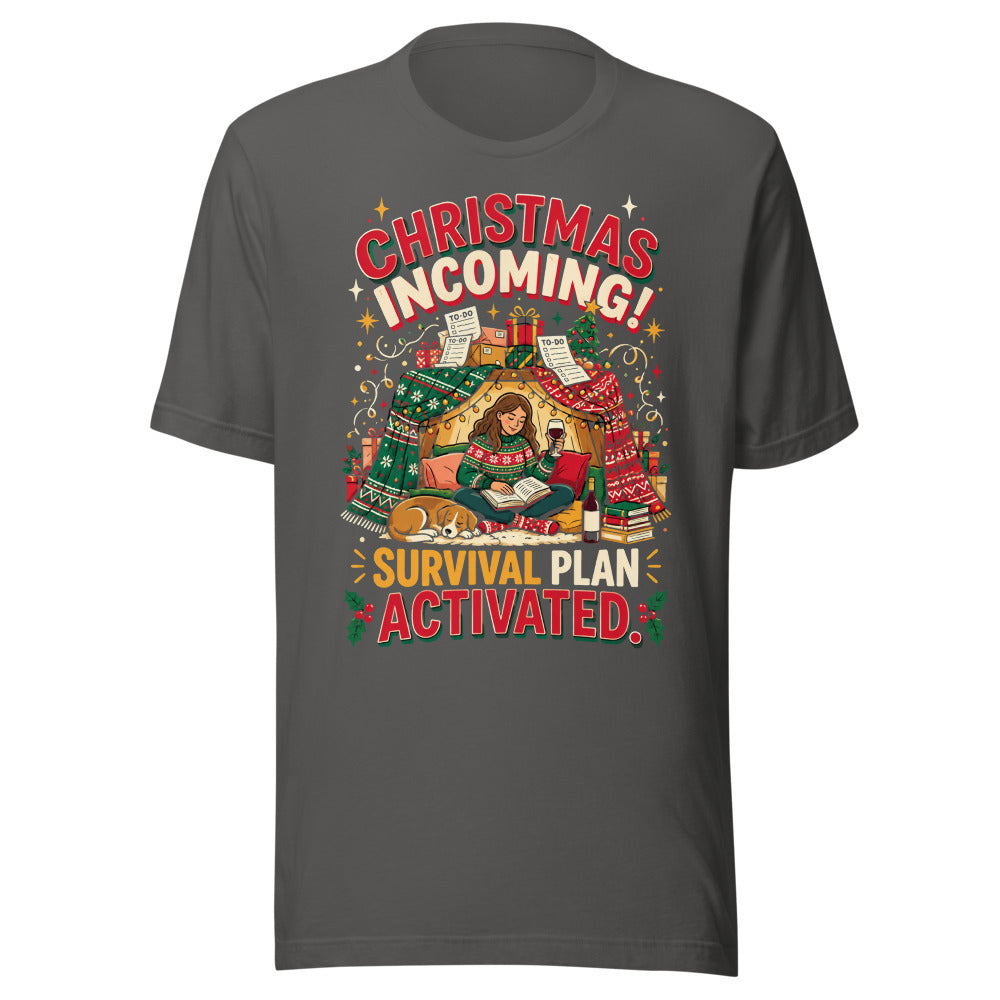 Christmas Incoming: Survival Plan tee in Asphalt, front view of the printed design