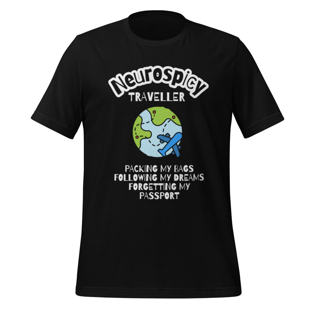 Neurospicy Traveller | T-Shirt | Why Sweat the Small Stuff? unisex-staple-t-shirt-black-front-67d180eb81d10