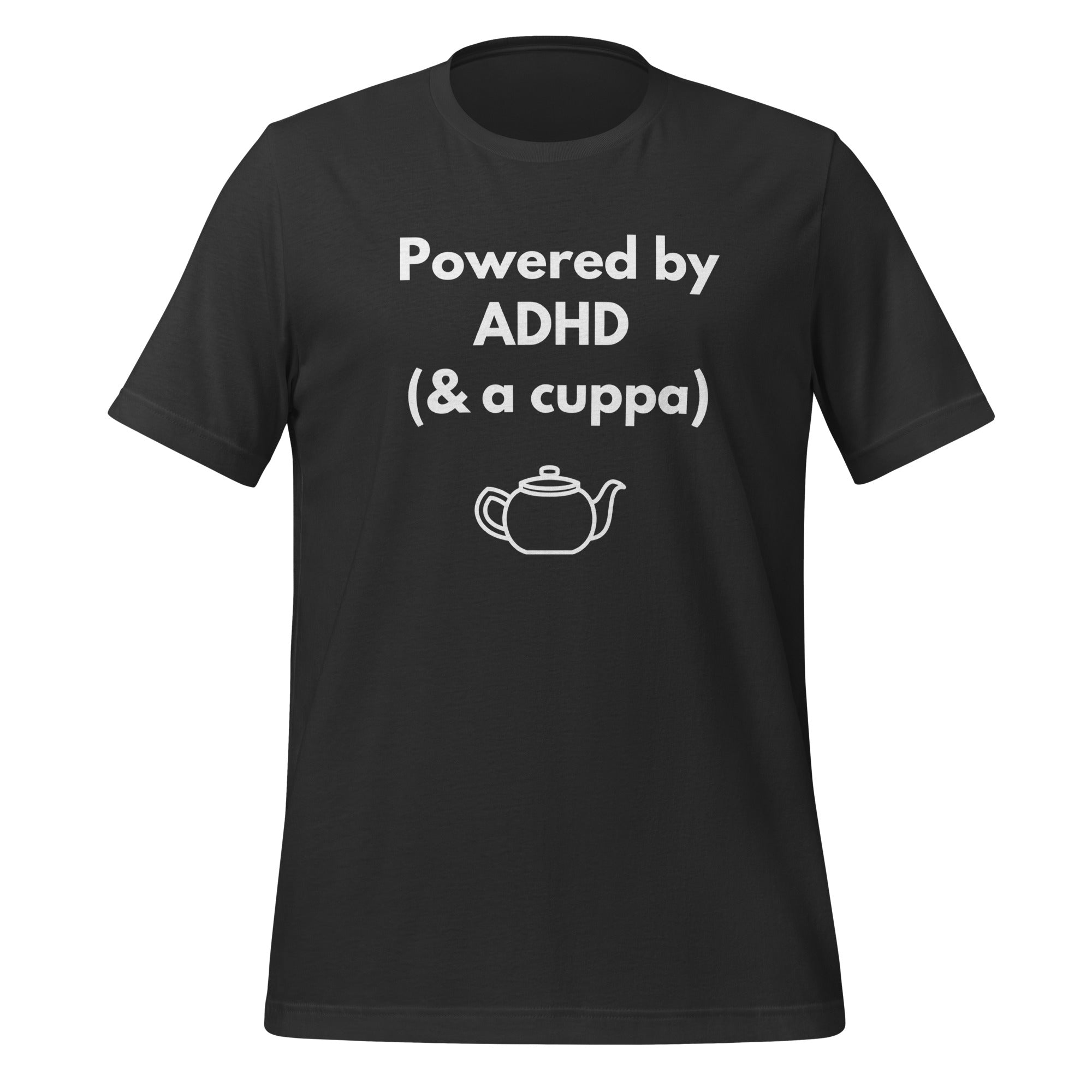 Powered by ADHD (& a Cuppa) | Unisex T-Shirt | The Neurospicy Store unisex-staple-t-shirt-dark-grey-front-67c9e096edf88