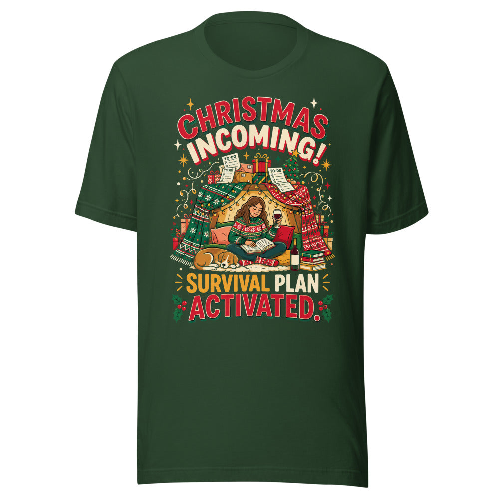 Christmas Incoming: Survival Plan tee in Forest, front view of the printed design
