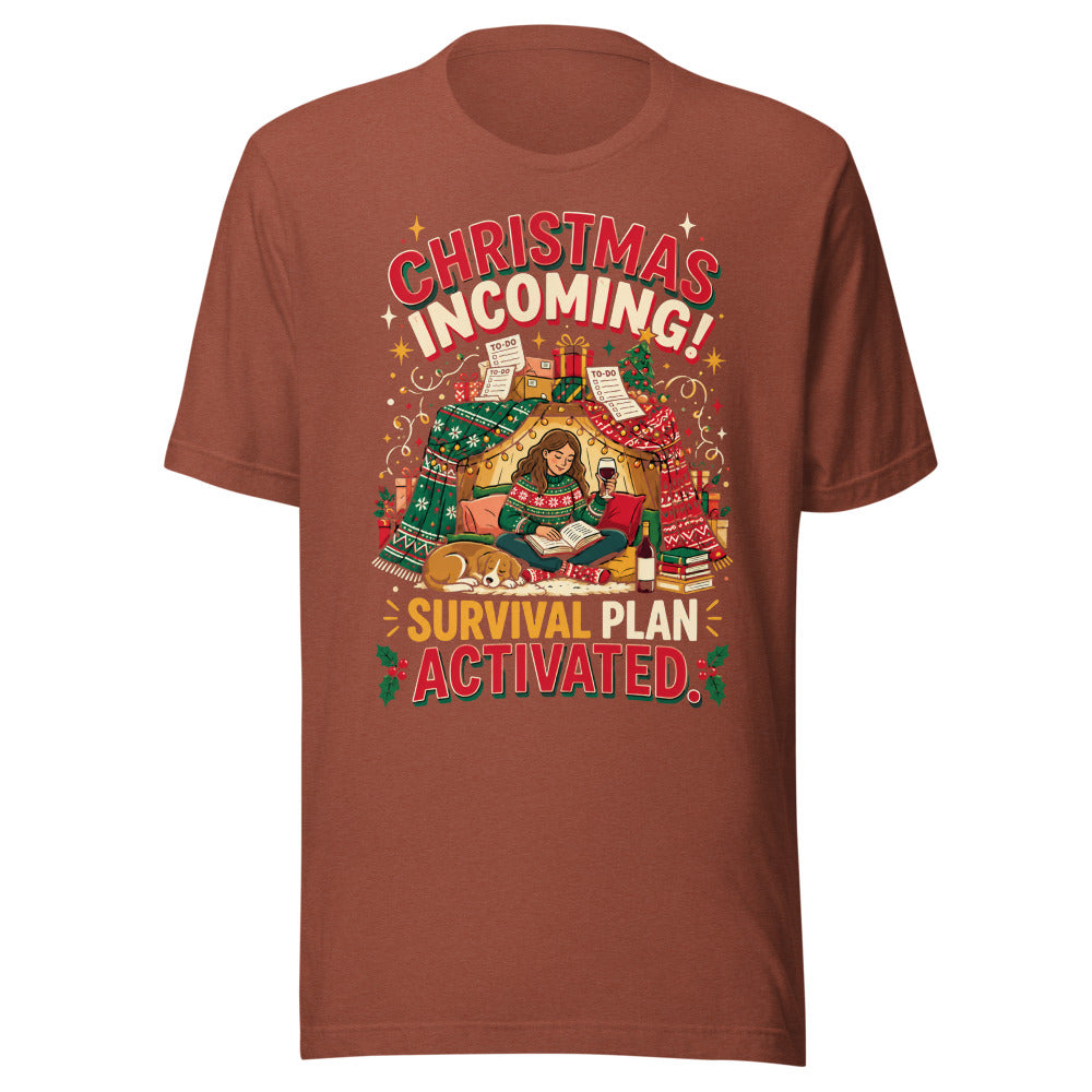 Christmas Incoming: Survival Plan tee in Heather Clay, front view of the printed design