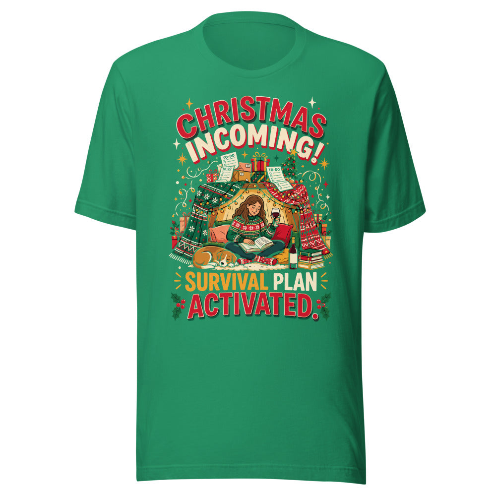 Christmas Incoming: Survival Plan tee in Kelly, front view of the printed design