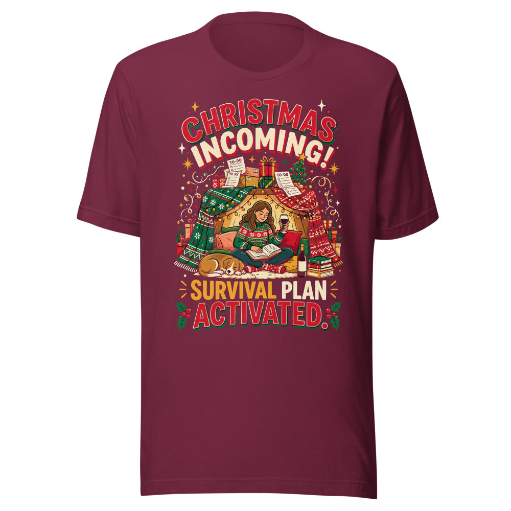Christmas Incoming: Survival Plan tee in Maroon, front view of the printed design