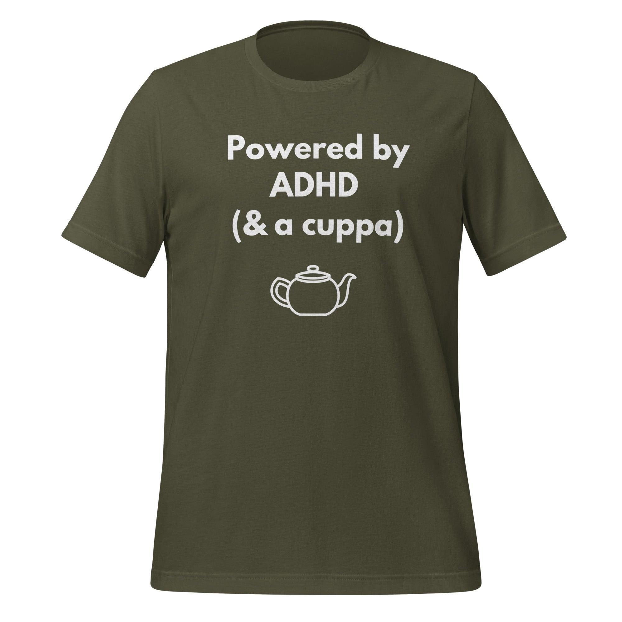 Powered by ADHD (& a Cuppa) | Unisex T-Shirt | The Neurospicy Store unisex-staple-t-shirt-military-green-front-67c9e09702453
