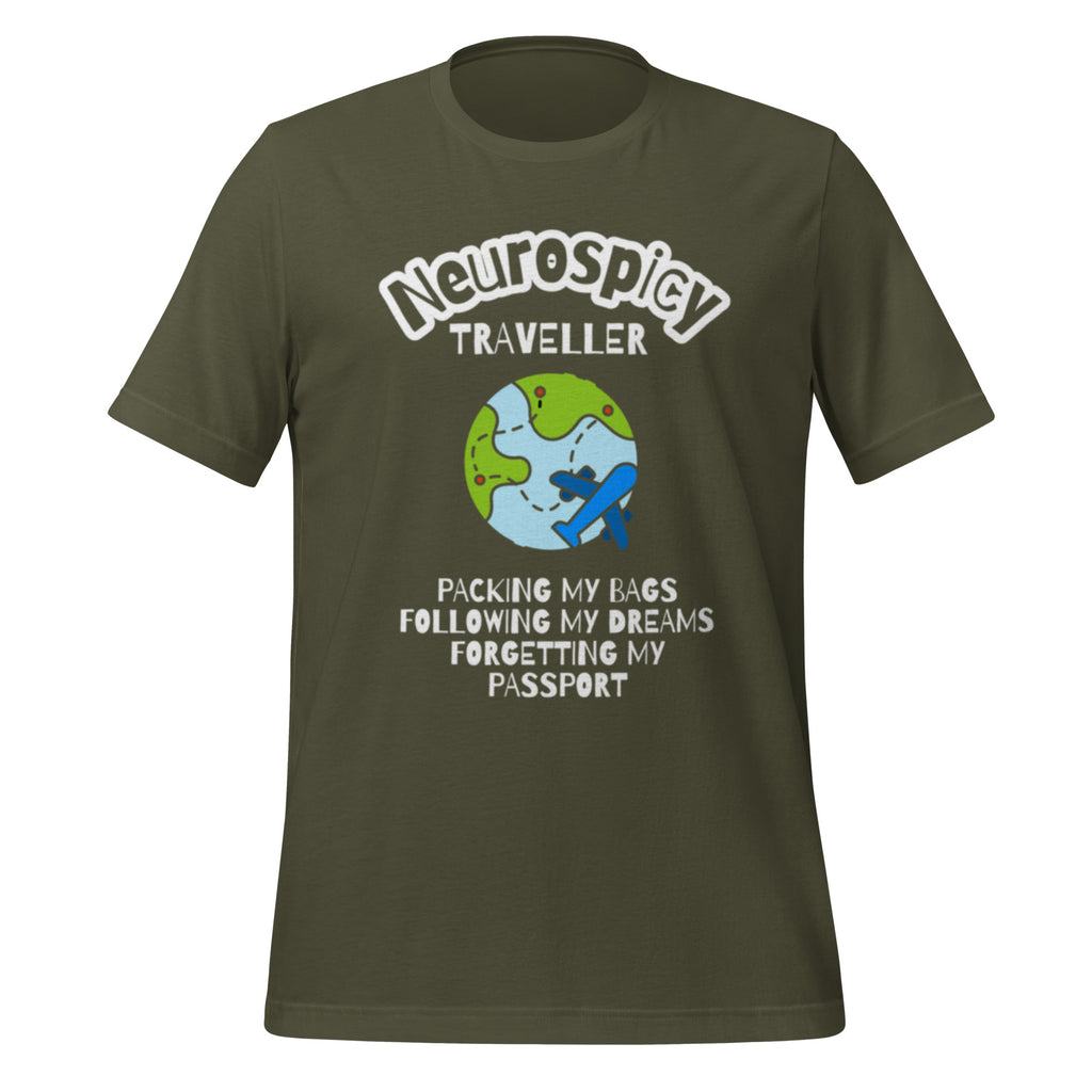 Neurospicy Traveller | T-Shirt | Why Sweat the Small Stuff? unisex-staple-t-shirt-military-green-front-67d180eb791b1