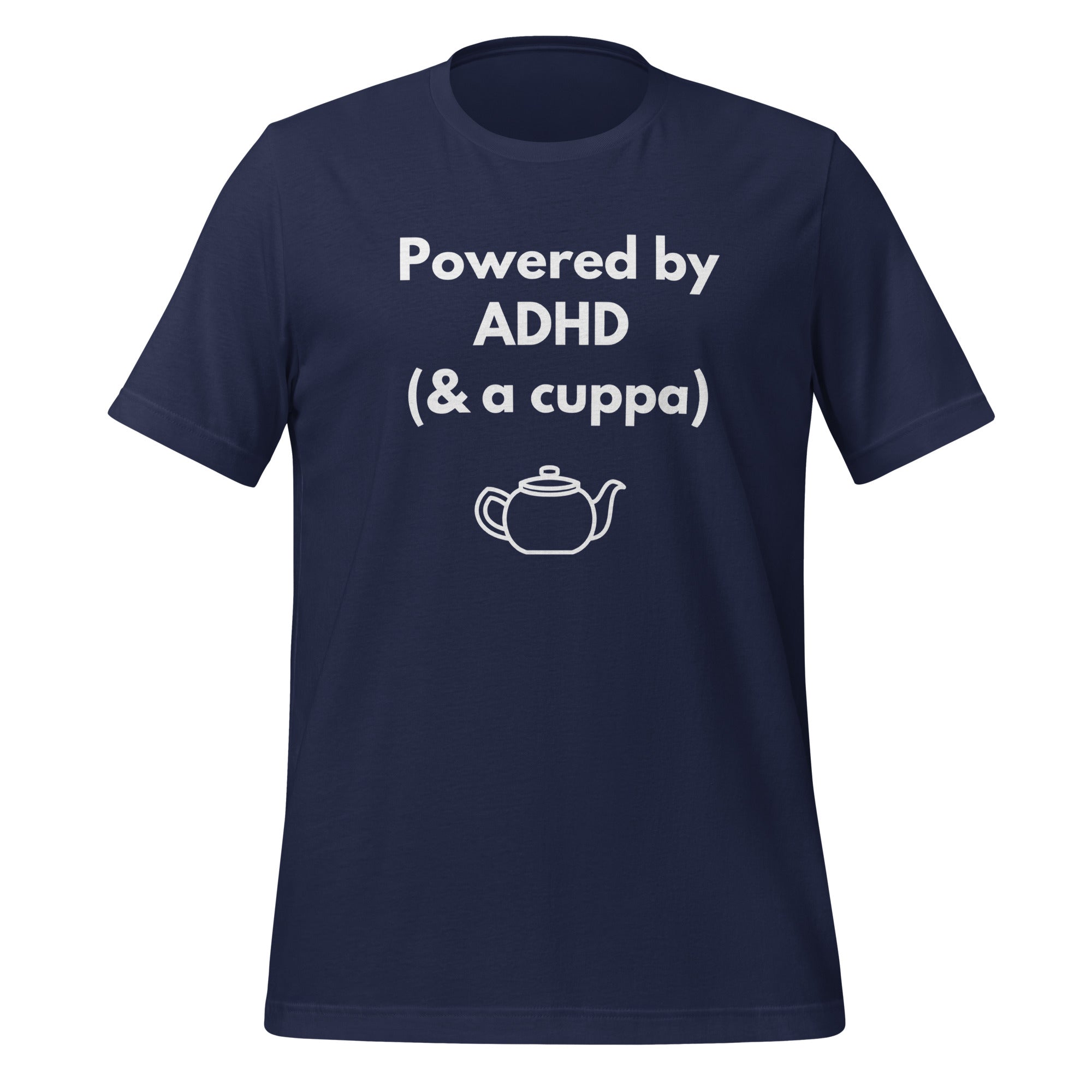 Powered by ADHD (& a Cuppa) | Unisex T-Shirt | The Neurospicy Store unisex-staple-t-shirt-navy-front-67c9e096e8521