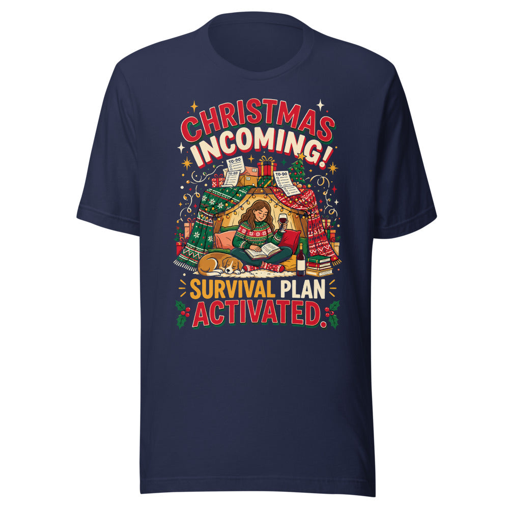 Christmas Incoming: Survival Plan tee in Navy, front view of the printed design