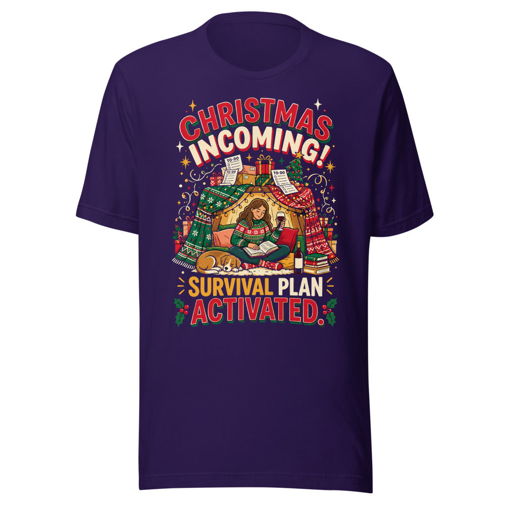 Christmas Incoming: Survival Plan tee in Team Purple, front view of the printed design
