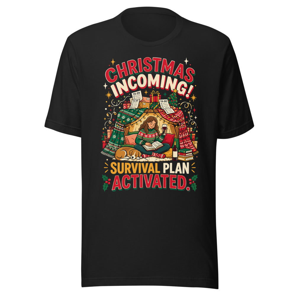 Christmas Incoming: Survival Plan tee in Vintage Black, front view of the printed design