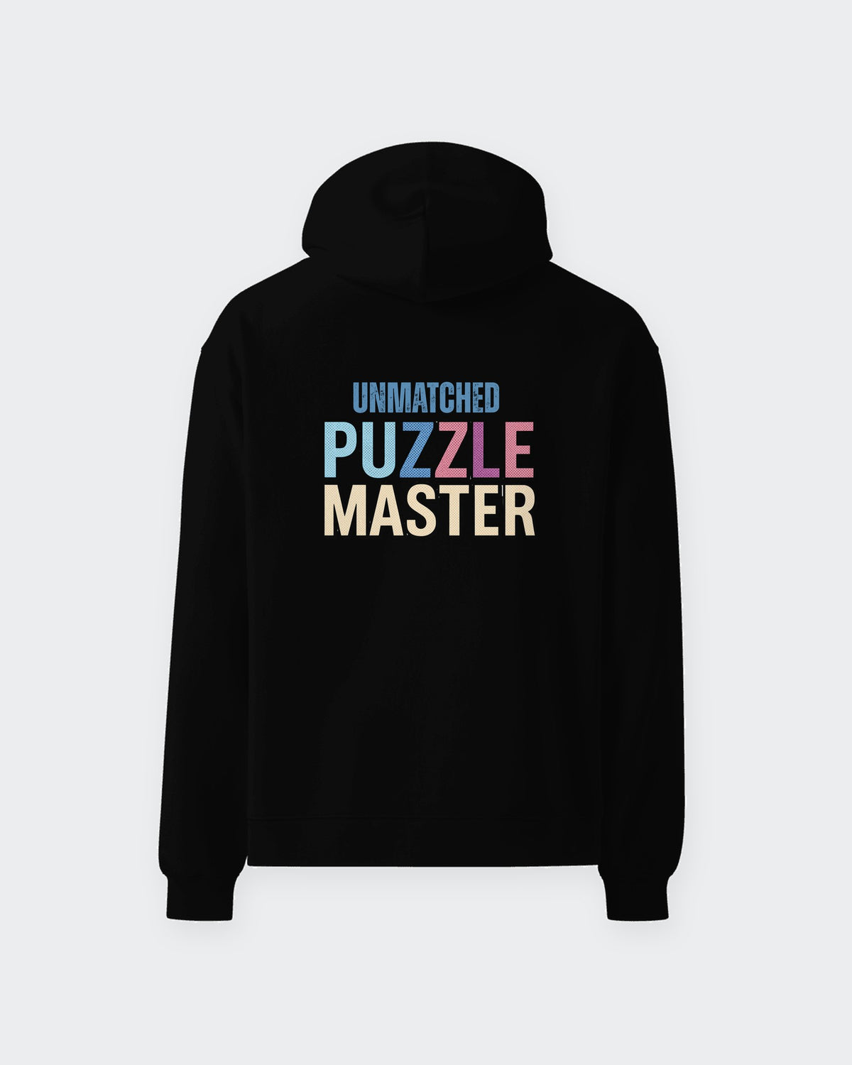 Unmatched Puzzle Master oversized hoodie in Black, flat back view of the print