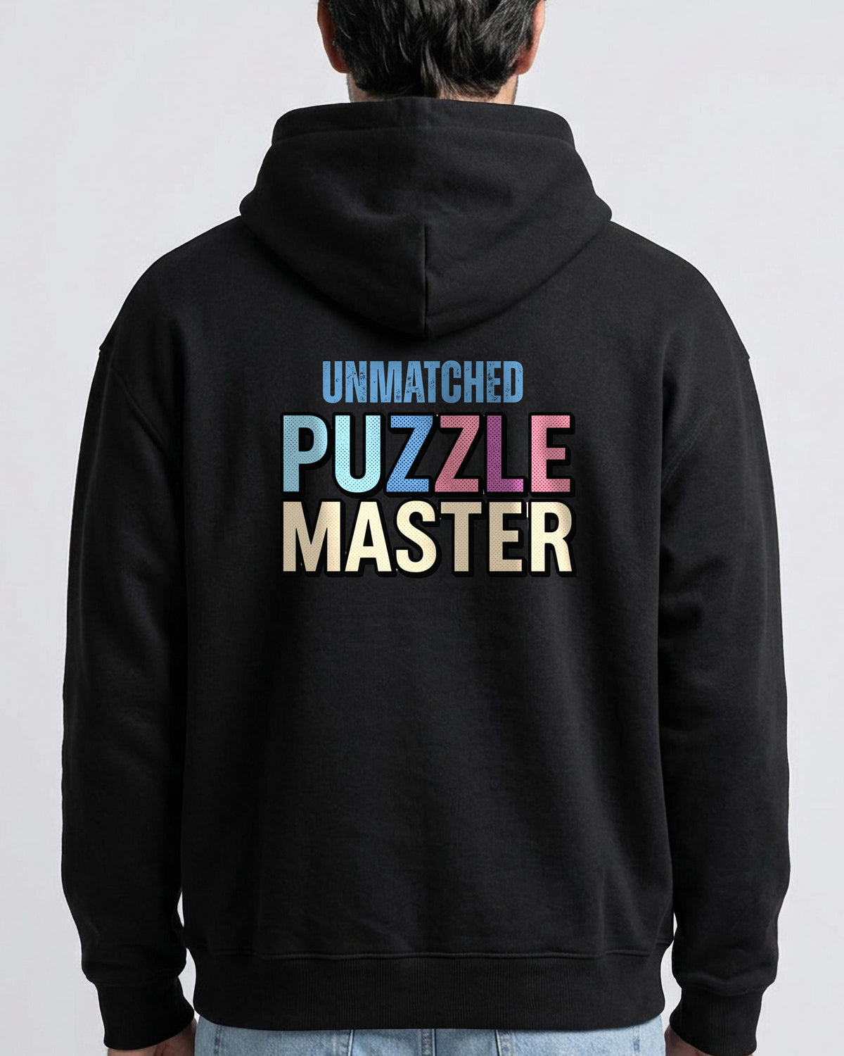 Unmatched Puzzle Master oversized hoodie, worn, back view showing the back print