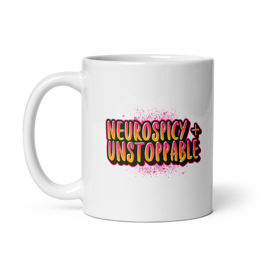 Neurospicy and Unstoppable | White Mug | Neurodivergent Gift white-glossy-mug-white-11-oz-handle-on-left-67d865e899cd2 Kitchen & Dining > Drinkware > Mugs