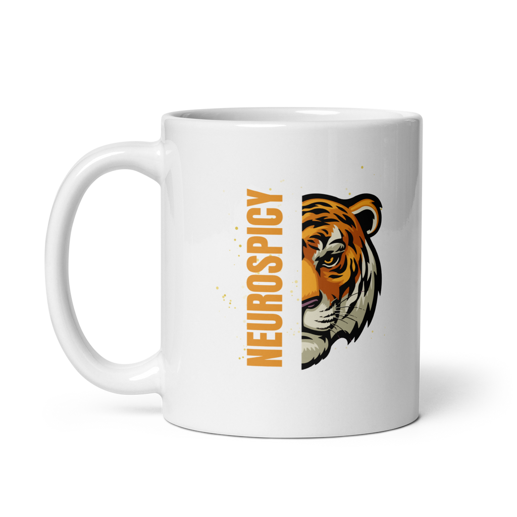 Neurospicy Tiger | White Glossy Mug | Statement Gift for Neurospicy Thinkers white-glossy-mug-white-11-oz-handle-on-left-67dc667d39264 Kitchen & Dining > Drinkware > Mugs