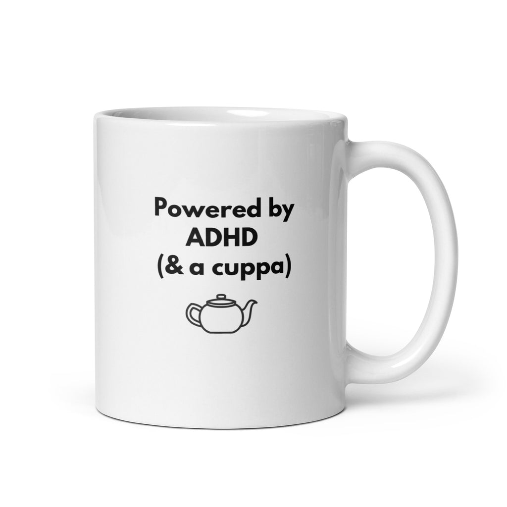 Powered by ADHD (& Cuppa) | White Glossy Mug | The Neurospicy Store 11 oz